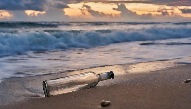 Oude glazen fles in het zand aan de kust Zeegezicht met blauw oceaanwater en hemel met wolken