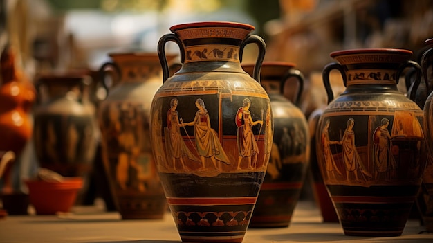 Foto oude griekse amforen tonen het marktleven levendig en vangen de drukte vast