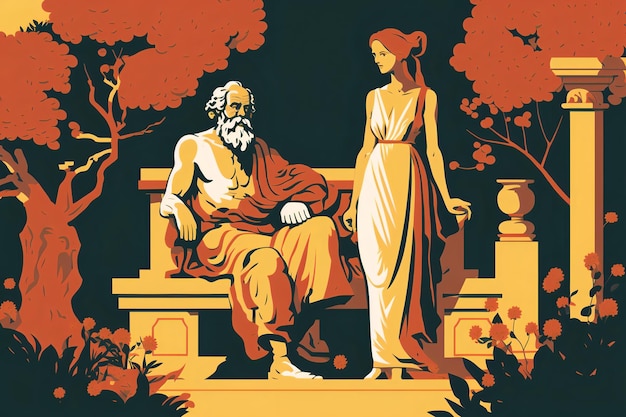 oude Griekse filosoof Socrates die een filosofisch gesprek heeft met zijn jonge vrouw