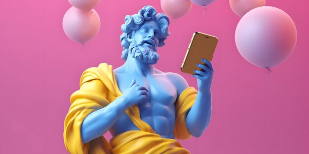 Oude Griekse sculptuur van een man met een mobiele telefoon op roze achtergrond