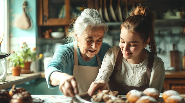 Foto oude grootmoeder en haar jonge kleindochter koken in een vintage keuken met glimlachende overdrachtsvaardigheden.