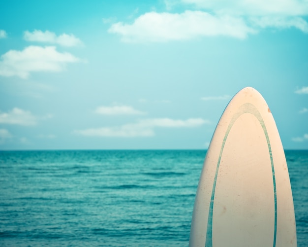 Oude grunge surfplank tegen kalme zee Retro getinte afbeelding