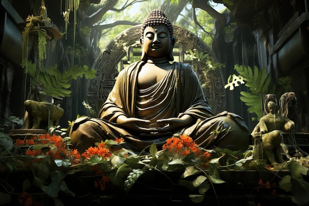 Oude hindoeïstische religieuze boeddhabeeld in een dichte tropische jungle