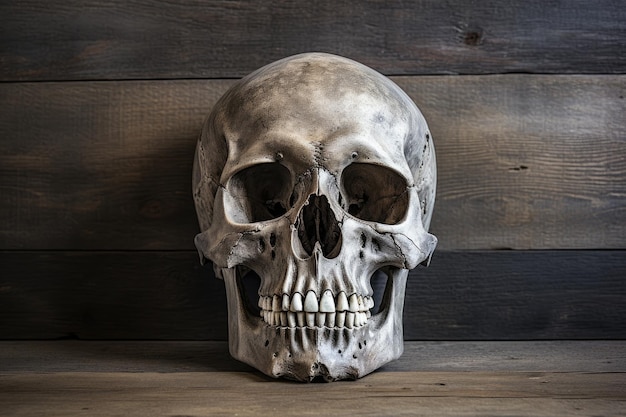 Oude houten achtergrond met een stilleven van de menselijke schedel