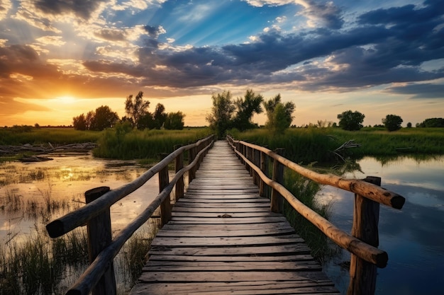 Oude houten brug over de rivier Landschap Blauwe hemel ai gegenereerd