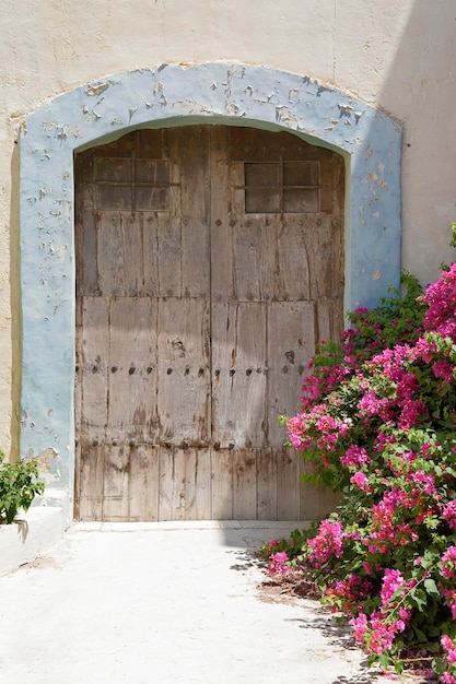 Oude houten deur met roze bougainville bloemen aan de rechterkant Malta