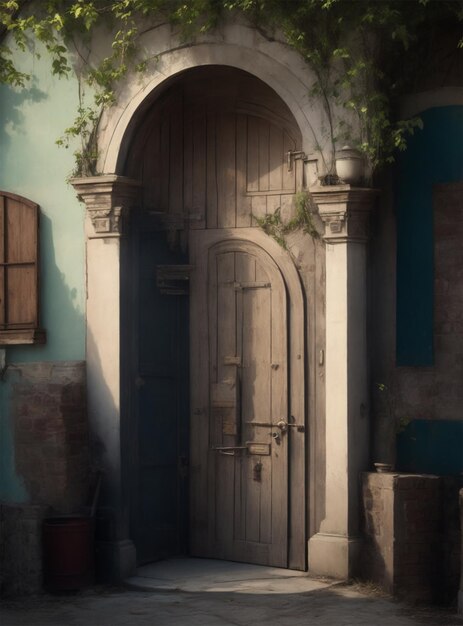 Oude houten deur op een straat in de oude stad van Lissabon