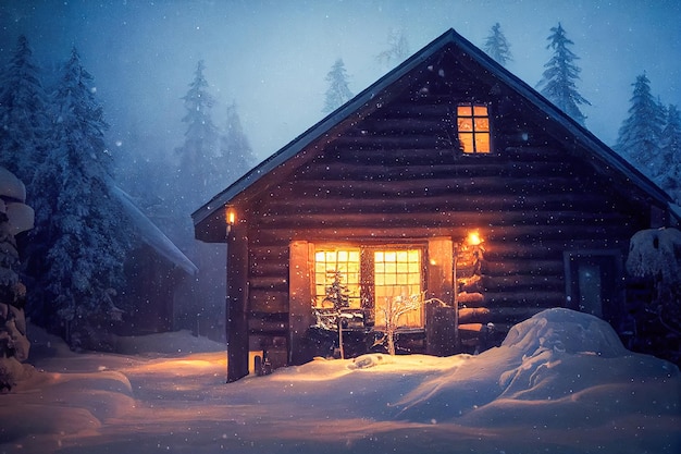 oude houten hut in scandinavische stijl in het sneeuwbos, kerstthema.