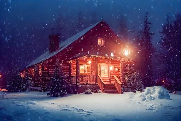 oude houten hut in scandinavische stijl in het sneeuwbos, kerstthema.