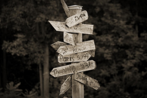 Foto oude houten richtpijlen met bestemmingsafstand