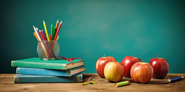 Oude houten schooltafel en schoolspullen