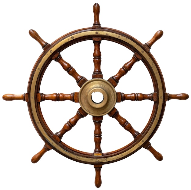 Oude houten stuurwielroer van een schip geïsoleerd op een witte achtergrond