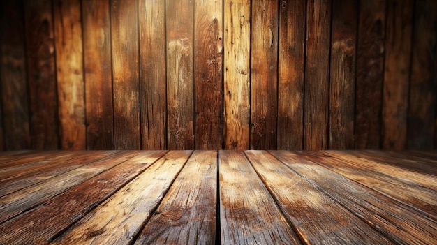 Oude houten tafel met schijnwerper op de muur