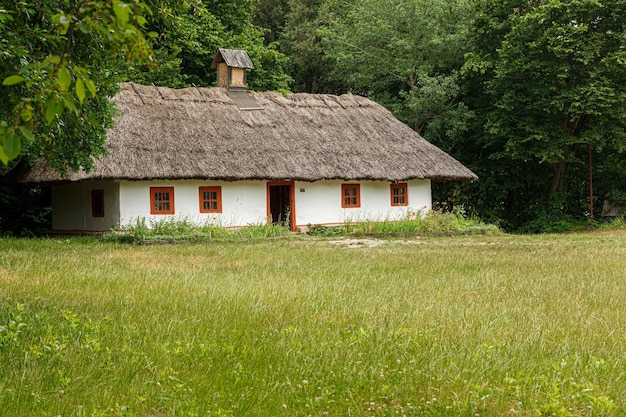 Oude huizen in de Oekraïense stijl Oekraïense dorp Pirogovo close-up