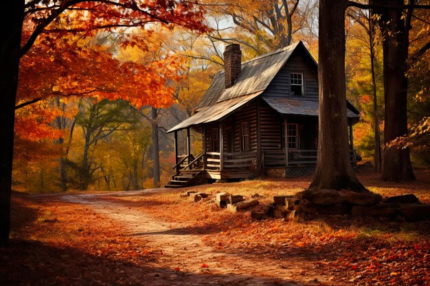 Oude hut in de herfst Een rustieke toevluchtsoord te midden van herfstbladeren en landelijk landschap