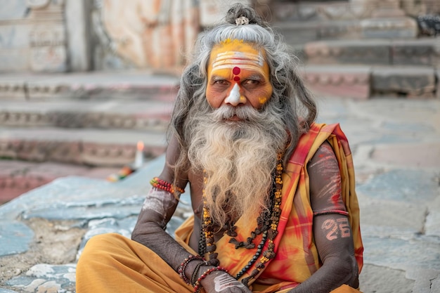 Oude Indiase man in traditionele kleding met geschilderd gezicht
