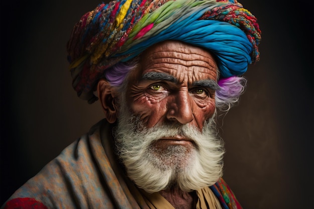 Oude Iraanse man met opvallende groene ogen met kleurrijke wollen tulband AI