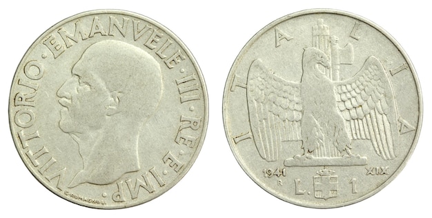 Oude Italiaanse munt van één lira uit 1941 close-up