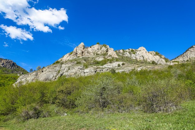 Oude kalkstenen hoge bergen met een ronde vorm in de luchtnevel The Valley of Ghosts Demerji Crimea