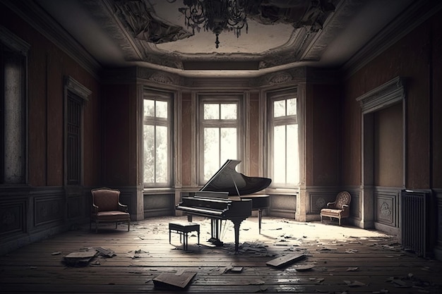 Oude kapotte piano in het midden van een lege ruimte van een verlaten huis