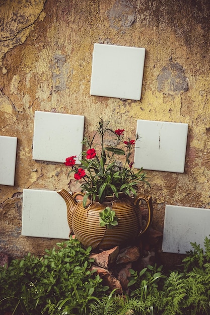 Oude kapotte theepot en bloemen