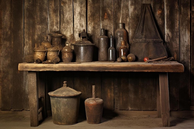 oude keuken- en medische gereedschappen oude metalen mortel op houten achtergrond ouder