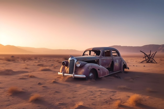 Oude klassieke auto verlaten in de woestijn Vernietigde roestige retro auto AI Generatieve