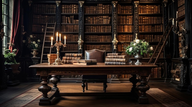 Oude klassieke bibliotheek met boeken op tafel