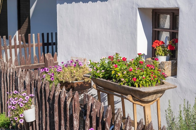 Oude landelijke huis en tuin met bloemen in etnografisch dorp Holloko in Hongarije