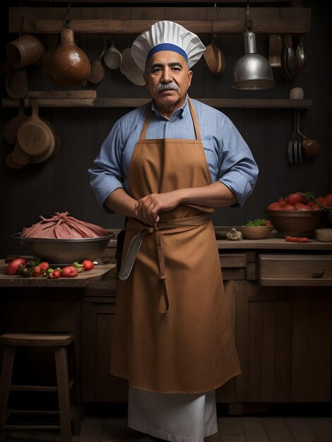 oude latino slager met schort fotografie voor publiciteit lichte achtergrond gegenereerde ai