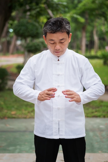 Oude man beoefenen van kungfu of tai chi in het park gezonde levensstijl meditatie oefening concept