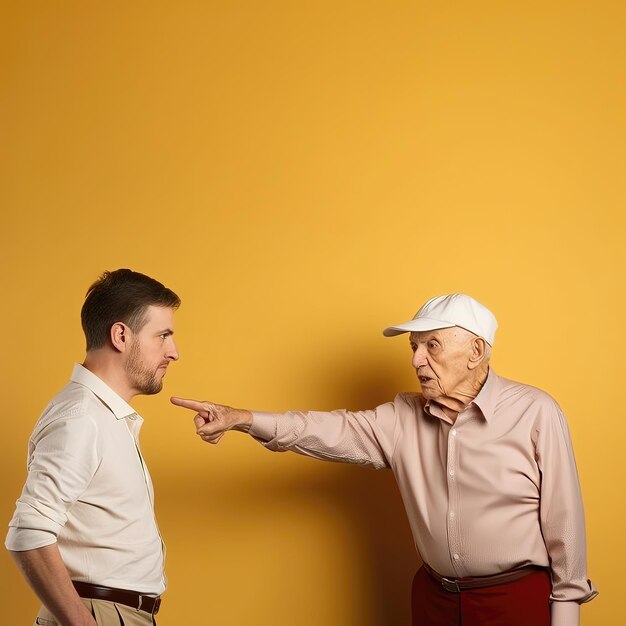 Oude man die met een jonge man ruzie maakt en naar hem wijst. Gele achtergrond. Kopieer de ruimte hierboven voor uw tekst