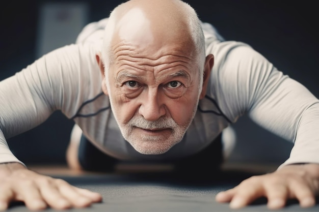Oude man die push-ups doet Generatieve AI-illustratie