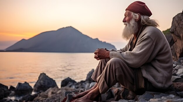 Oude man die uitkijkt naar de zee vanaf een rotsachtige kust bij zonsopgang