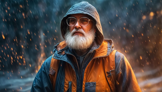 Oude man Een oudere blanke man in een bril met een grijze baard tijdens de regen Selectieve focus