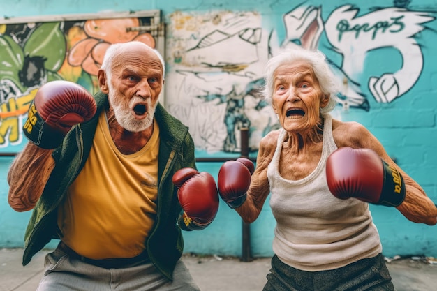 Oude man en oude vrouw met bokshandschoenen voor met graffiti bedekte muur Generatieve AI