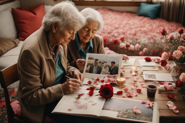 Foto oude man en vrouw in gelukkige valentijnsdag liefde bloem in de hand ai beeld