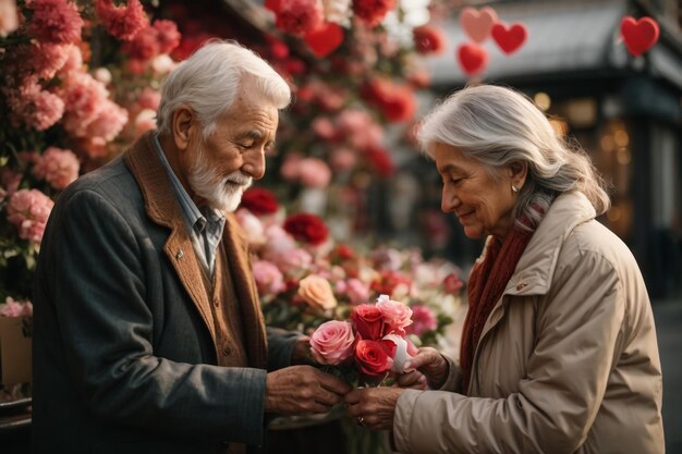 oude man en vrouw in gelukkige Valentijnsdag liefde bloem in de hand Ai beeld