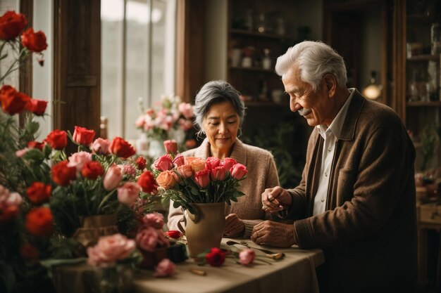 oude man en vrouw in gelukkige Valentijnsdag liefde bloem in de hand Ai beeld