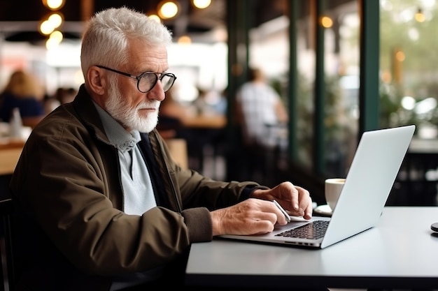 Oude man in café bezig met laptopcomputer