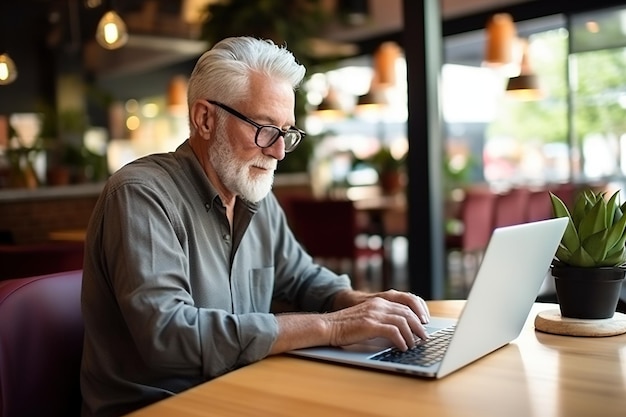 Oude man in café bezig met laptopcomputer