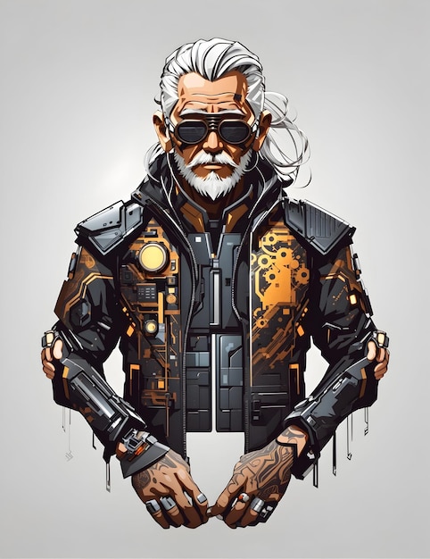 Foto oude man in een leren pak in cyberpunkstijl voor een generatief t-shirt