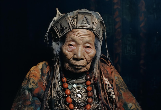Oude man in het nationale kostuum van de oude stammen van China