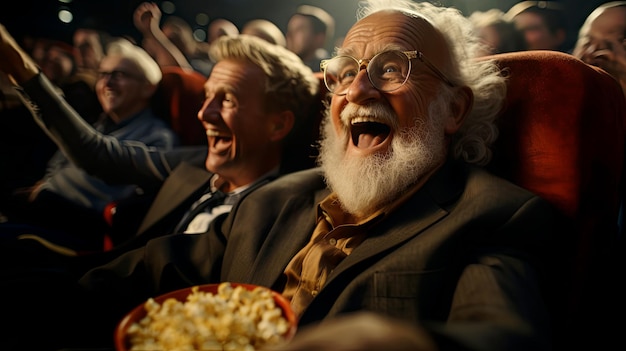 Foto oude man kijkt naar een film in een bioscoop terwijl hij popcorn eet