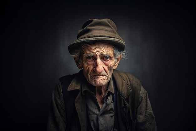 oude man met een uitdrukkingsloos gezicht poserend voor de camera