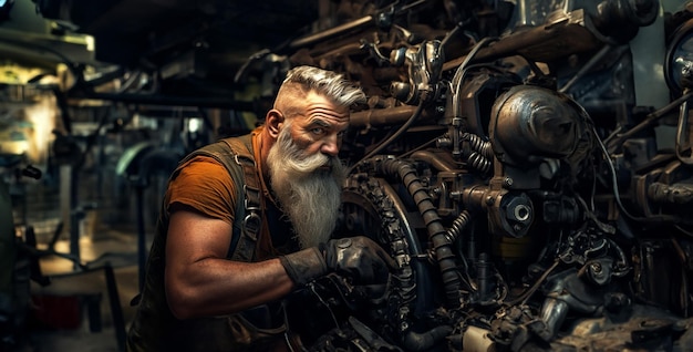 Oude man met motor monteur buff oude man grote baard dieselpunk