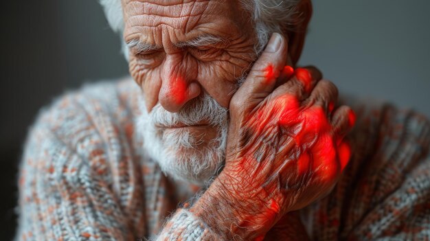 Foto oude man met pijn en reuma die er ellendig uitziet met een ondraaglijke handpijn hij heeft een pijnlijke pols gekleurd in rood gezondheidsproblemen