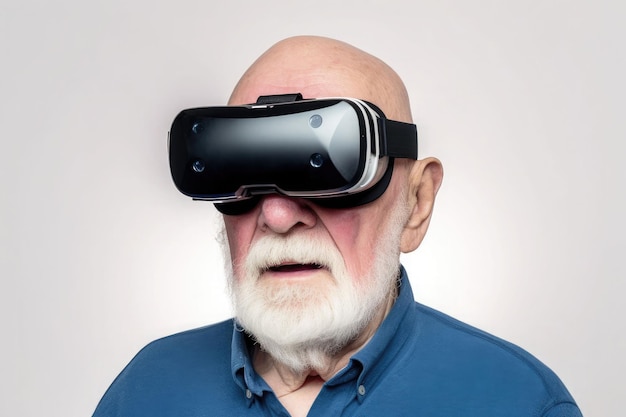 Oude man met virtual reality-headset VR-gadgets onderwijs online of gameconcept Generatieve AI