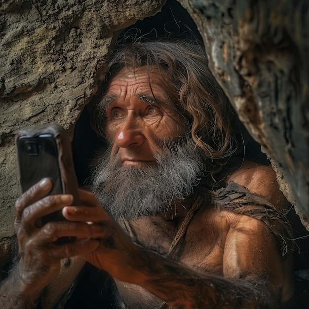 Oude man neemt een selfie Moderne technologie in grottenmensen Handen wilde man met smartphone