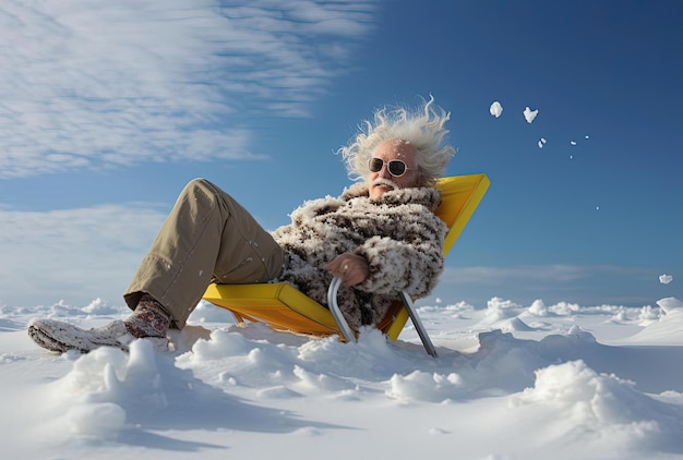 oude man ontspannend in de sneeuw terwijl de zon op is time-lapse in de stijl van ingrid baars